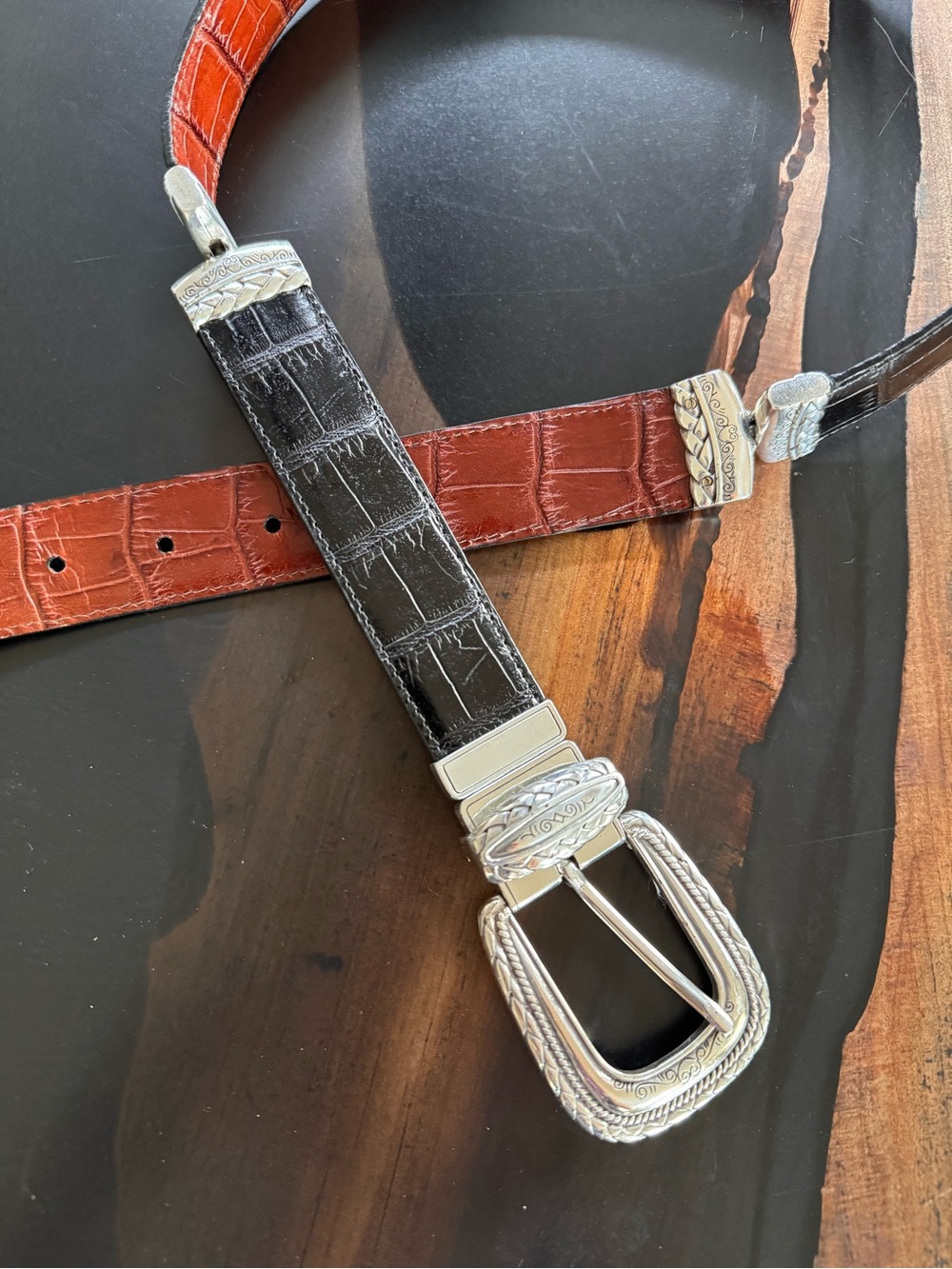 Brighton Two-Tone Croc-Embossed Leather Belt - Black & Brown Size 34 - Picture 3 of 10